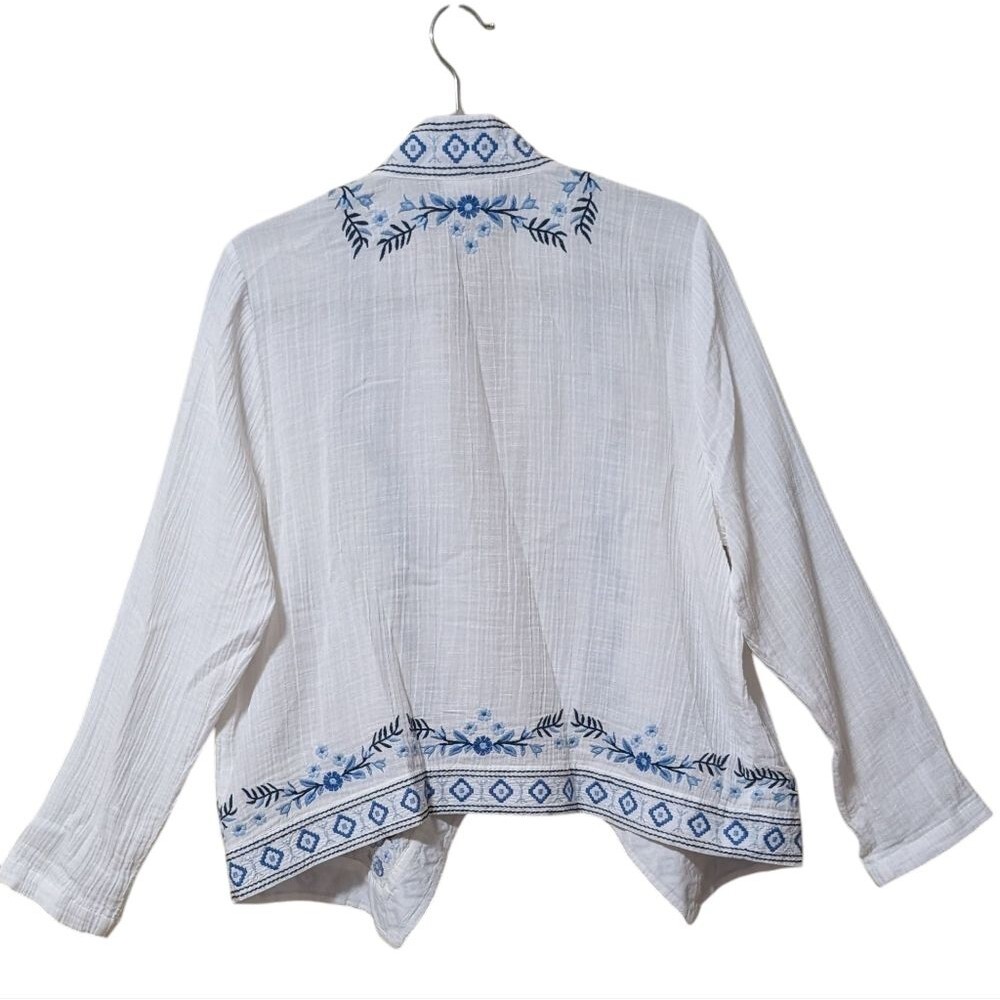 J. Jill 100% cotton embroidered crinkle cardigan kimono blazer size Medium gauzy - Picture 2 of 10